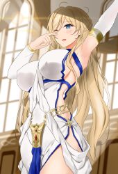 Rule 34 | 1girl, absurdres, arm up, armpits, blonde hair, blue eyes, breasts, commentary request, covered erect nipples, cowboy shot, curtains, day, derivative work, detached sleeves, dress, finger to face, goblin slayer!, hair between eyes, hand up, highres, indoors, large breasts, lcy2096, long hair, looking to the side, no blindfold, no bra, one eye closed, parted lips, sideboob, sideless dress, sideless outfit, solo, stretching, sunlight, sword maiden, thighs, white dress, window