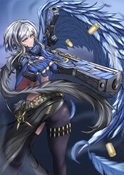 Rule 34 | 1girl, absurdres, aiming, asymmetrical clothes, black gloves, black hair, black jacket, black pants, black thighhighs, blue hair, blue nails, closed mouth, commentary, dual wielding, ear piercing, feather hair, galbrena (wuthering waves), gloves, gradient hair, grey hair, gun, handgun, highres, holding, holding gun, holding weapon, jacket, kc yuki89, long hair, looking at viewer, multicolored hair, pants, piercing, purple eyes, single glove, single pantsleg, single thighhigh, smoke, smoking barrel, solo, streaked hair, thighhighs, very long fingernails, very long hair, weapon, wuthering waves