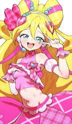 Rule 34 | 1girl, :d, bare shoulders, beads, blonde hair, blue eyes, bow, bow-shaped hair, bow choker, breasts, choker, commentary request, crop top, cure idol, detached sleeves, drill hair, earrings, hair beads, hair between eyes, hair ornament, hair ribbon, hand on own chest, hand up, heart, heart-shaped hair, heart earrings, heart hair ornament, highres, idol heart brooch, jewelry, kimi to idol precure, long hair, looking at viewer, magical girl, midriff, mo (boo1719501boo), multicolored hair, navel, open mouth, pink bow, pink choker, pink hair, pink ribbon, pink shirt, pink skirt, pink wrist cuffs, plaid ribbon, precure, puffy detached sleeves, puffy sleeves, ribbon, sakura uta (precure), shirt, skirt, small breasts, smile, solo, teeth, twin drills, two-tone hair, upper teeth only, v, v over eye, very long hair, white sleeves, wrist cuffs