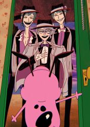 3boys animal aqua_hair arm_behind_head azul_ashengrotto bad_id bad_twitter_id black_hair blue_eyes bow bowtie courage_(character) courage_the_cowardly_dog dog dress_pants dress_shirt earrings evil_grin evil_smile fedora floyd_leech formal_clothes from_behind glasses gloves grey_hair grey_scarf grin hand_on_own_chest hat high-waist_pants highres jacket jacket_on_shoulders jade_leech jewelry long_neck looking_at_another looking_up mole mole_under_mouth multiple_boys official_style open_door paku_u pants partially_unbuttoned pink_fur porch purple_bow purple_bowtie purple_shirt purple_sky scarf sharp_teeth shirt shirt_tucked_in short_hair single_sidelock sky smile stole suit suit_jacket teeth through_door tuxedo twisted_wonderland undone_bowtie wasteland white_bow white_bowtie white_gloves white_shirt yellow_eyes