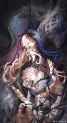 Rule 34 | 2girls, black dress, black gloves, black hands, black liquid, black veil, blue veil, chimera, closed eyes, closed mouth, coat, colored extremities, dress, dual persona, gloves, highres, long hair, looking at viewer, monster girl, multiple girls, nautika (reverse:1999), pink hair, plunging neckline, purple coat, reverse:1999, san sui dingshang ya, strapless, strapless dress, tail, two-tone veil, veil, very long hair, watermark, weibo watermark