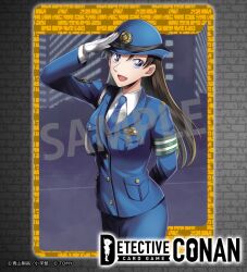 Rule 34 | 1girl, :d, arm behind back, arm up, armband, black hair, blue eyes, blue hat, blue jacket, blue necktie, blue skirt, card (medium), collared shirt, copyright logo, copyright notice, emblem, female service cap, gloves, green armband, hat, highres, jacket, japan national police, kusunokinawate, long hair, long sleeves, meitantei conan, miyamoto yumi, necktie, official art, open mouth, outdoors, pencil skirt, police, police hat, police uniform, policewoman, road, salute, sample watermark, shirt, skirt, smile, solo, watermark, white gloves, white shirt