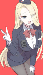 Rule 34 | 1girl, black hat, black jacket, black pantyhose, black skirt, blonde hair, blue archive, blue eyes, blush, bow, fang, gloves, hair over one eye, hat, highres, jacket, long hair, looking at viewer, official alternate costume, open mouth, pantyhose, pina (blue archive), pina (guide) (blue archive), red bow, sailor hat, skin fang, skirt, solo, syabadabado, white gloves