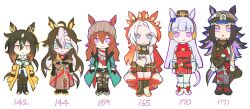 6+girls :&lt; ahoge animal_ears arms_at_sides beanie belt black_boots black_hair blue_eyes boots brown_coat brown_hat brown_jacket brown_pants brown_skirt chibi closed_mouth coat colored_inner_hair dream_journey_(umamusume) dress ears_through_headwear fenomeno_(umamusume) frown full_body glasses goggles goggles_around_neck gold_ship_(umamusume) gradient_eyes green_coat grey_hair grey_hat hat height_chart highres horse_ears horse_girl horse_tail jacket jitome long_hair looking_at_viewer multicolored_eyes multicolored_hair multiple_girls nakayama_festa_(umamusume) ooo8_q orange_hair orfevre_(umamusume) pants pink_eyes red_dress shirt simple_background skirt smile solid_eyes stay_gold_(umamusume) stay_gold_clan_(umamusume) straight-on streaked_hair tail torn_clothes torn_pants torn_shirt umamusume v-shaped_eyebrows white_background white_boots white_jacket yellow_coat