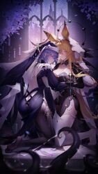 2girls absurdres animal_ears arknights backless_dress backless_outfit binggong_asylum black_dress blonde_hair breasts chinese_commentary cleavage commentary_request d20_(die) dice dorothy_(arknights) dorothy_(hand_of_destiny)_(arknights) dress earrings floating floating_object habit highres hip_vent jewelry kneeling large_breasts long_hair looking_at_viewer mouse_ears mouse_girl multiple_girls necklace nun official_alternate_costume parted_lips pearl_earrings pearl_necklace polyhedral_dice purple_eyes purple_hair thighhighs whisperain_(arknights) whisperain_(priory_of_abyss)_(arknights) white_thighhighs yellow_eyes