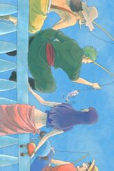 1girl 4boys antlers blue_sky boots commentary_request eyewear_on_head fish fishing green_kimono hair_slicked_back hat headphones horns japanese_clothes kimono long_hair long_nose monkey_d._luffy multiple_boys nico_robin nikoban one_piece pink_sarong reindeer_antlers roronoa_zoro sarong scar scar_on_face short_hair sitting sky sleeveless straw_hat tony_tony_chopper usopp