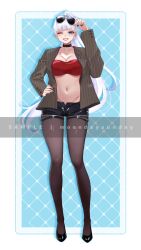 1girl absurdres bandeau black_choker black_shoes black_shorts blue_eyes breasts brown_jacket brown_pantyhose choker cleavage commission eyewear_on_head full_body grin hand_on_own_hip highres jacket long_hair long_sleeves looking_at_viewer matchacha medium_breasts midriff mole mole_on_breast nail_polish navel navel_piercing one_eye_closed open_clothes open_fly open_jacket original pantyhose piercing ponytail red_bandeau shoes short_shorts shorts smile solo standing stomach strapless striped_clothes striped_jacket sunglasses tube_top white_hair