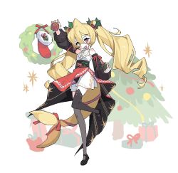 1girl arm_ribbon arm_up bare_shoulders black_thighhighs blonde_hair blush box breasts commentary detached_sleeves dress drill_hair facing_viewer fins fish_tail full_body gift gift_box hair_between_eyes hair_ornament heterochromia holding holding_gift holly_hair_ornament indie_virtual_youtuber kaofish leg_up long_bangs long_hair long_sleeves looking_at_viewer mary_janes obi official_art open_mouth pixel_art red_eyes ribbon sash shark_tail shoes simple_background smile standing tail tail_ornament tail_ribbon thighhighs tiptoes twin_drills white_dress yellow_eyes
