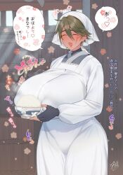 apron bowl breasts closed_eyes covered_erect_nipples covered_navel fang fingerless_gloves gloves headscarf highres huge_breasts nayu_taf open_mouth rice rice_bowl scar scar_on_face shamoji smile standing steam white_apron white_headscarf