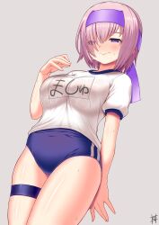 1girl blue_buruma blush breasts buruma closed_mouth fate/grand_order fate_(series) guriguri_(arayotto4351) hair_over_one_eye hairband highres large_breasts looking_to_the_side mash_kyrielight name_tag pink_hair purple_eyes shirt short_hair short_sleeves solo thigh_strap thighs white_shirt