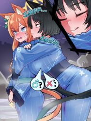1futa 1girl :q animal_ear_fluff animal_ears arms_around_neck black_eyes black_hair black_nails blue_archive blue_eyes blue_kimono blush bulge cat_ears cat_girl cat_tail closed_eyes closed_mouth from_side futanari halo highres implied_futanari japanese_clothes kikyou_(blue_archive) kimono leaning_forward long_hair long_sleeves mari_(blue_archive) multiple_tails nail_polish obi onsen open_mouth orange_hair sash short_hair sirachi smile tail tongue tongue_out two_tails wide_sleeves yellow_halo