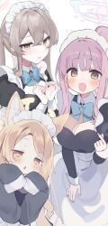 3girls :d alternate_costume animal_ear_fluff animal_ears ao_(mintz) blue_archive blue_bow blush bow bowtie breasts brown_eyes cleavage cross_halo dress ear_wreath embarrassed extra_ears forehead fox_ears fox_girl gradient_eyes hair_between_eyes halo heart heart_hands long_hair long_sleeves looking_at_viewer maid maid_headdress mika_(blue_archive) multicolored_eyes multicolored_halo multiple_girls nagisa_(blue_archive) open_mouth pink_hair pink_halo seia_(blue_archive) simple_background smile tea_party_(blue_archive) white_background yellow_halo