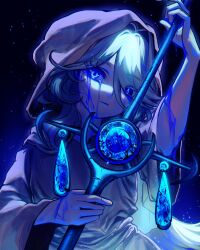 1girl absurdres alternate_costume black_background blue_eyes blue_gemstone blue_tears brown_robe closed_mouth commentary cracked_skin crying crying_with_eyes_open drop-shaped_pupils english_commentary furina_(genshin_impact) gem genshin_impact hair_between_eyes highres holding holding_sword holding_weapon hood hood_up hooded_robe long_hair looking_at_viewer mismatched_pupils robe solo star_(sky) sword symbol-shaped_pupils tears teashort1 upper_body weapon white_hair wide_sleeves