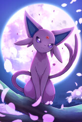 Rule 34 | :3, bright pupils, closed mouth, commentary request, espeon, falling petals, forehead jewel, gen 2 pokemon, highres, moon, night, nintendo, no humans, outdoors, petals, pokemon, pokemon (creature), pokemon focus, purple eyes, rumine (yoshi1234567), sitting, sky, smile, solo, white pupils