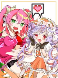 2girls angel angel_wings angello_vaalmonica black_gloves black_shorts bloomers blush bow breasts commission crop_top duel_monster gloves green_eyes hair_between_eyes hairband hat heart highres jacket ki-sikil_(yu-gi-oh!) live_twin_ki-sikil long_hair long_sleeves looking_at_viewer medium_breasts multiple_girls open_mouth orange_skirt pink_hair pink_jacket puffy_short_sleeves puffy_sleeves purple_hair red_eyes short_shorts short_sleeves shorts simple_background skeb_commission skirt smile spiked_hairband spikes spoken_heart teeth thighs twintails ukyou_kuro underwear white_background white_bow wings yu-gi-oh!