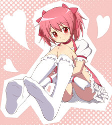 1girl bow choker commentary hair_bow hair_ribbon kaname_madoka looking_at_viewer magical_girl mahou_shoujo_madoka_magica mahou_shoujo_madoka_magica_(anime) nel-c panties pantyshot pink_bow pink_hair puffy_short_sleeves puffy_sleeves red_choker red_eyes ribbon short_hair short_sleeves short_twintails sitting smile socks solo twintails underwear white_panties white_socks