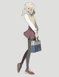 Rule 34 | 1girl, bag, bell, breasts, carrying bag, collared shirt, eyeliner, film grain, full body, grey background, grey pantyhose, handbag, highres, joosibi, looking at viewer, makeup, medium hair, miniskirt, neck bell, pantyhose, red eyes, red footwear, red skirt, shirt, simple background, skirt, small breasts, solo, standing, sweater vest, turning head, twintails, vest, white shirt, yellow vest