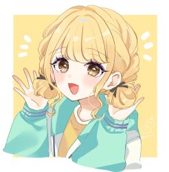 1girl :d blonde_hair commentary_request fujita_kotone gakuen_idolmaster green_jacket idolmaster jacket long_sleeves medium_hair open_mouth orange_shirt rino_cnc shirt smile solo two-tone_background upper_body white_background yellow_background yellow_eyes