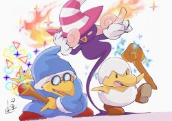1girl 2boys blue_robe boots brown_footwear claws colored_skin curly_hair egg fang fire ghost ghost_tail glasses gloves hand_on_headwear hat hidden_eyes holding holding_wand jr._troopa kamek koopa leg_up long_sleeves magic magikoopa mario_(series) multiple_boys nintendo open_mouth outstretched_arm paper_mario paper_mario:_sticker_star paper_mario:_the_thousand_year_door paper_mario_64 pink_hair pointing purple_skin red_footwear robe round_eyewear simple_background smile striped_clothes striped_headwear teeth triangle_mouth upper_teeth_only vivian_(paper_mario) wand white_background white_gloves witch_hat wizard_hat