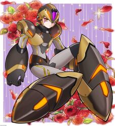 1boy android armor black_gloves black_helmet facial_mark floral_background forehead_jewel full_body gloves glowing glowing_eyes gold_armor gold_helmet half-closed_eyes helmet jewelry looking_at_viewer male_focus mega_man_(series) mega_man_x_(series) mega_man_x_dive nenndo100 neon_lights neon_trim red_eyes shoulder_armor solo x-kai_(mega_man) yellow_armor
