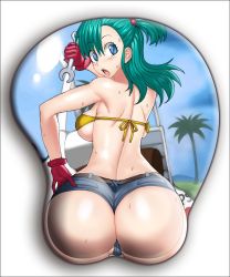 Rule 34 | 1girl, artist request, ass, ass mousepad, backboob, bare shoulders, belt, bikini, bikini top only, blue hair, blush, breasts, bulma, curvy, denim, denim shorts, dragon ball, female focus, gloves, green hair, hair bobbles, hair ornament, hand on own hip, highres, huge ass, long hair, looking at viewer, looking back, madkaiser, mousepad (medium), one side up, outdoors, palm tree, partially visible vulva, red gloves, revealing clothes, shiny skin, short shorts, shorts, skin tight, sky, solo, sweat, swimsuit, tree, underboob, yellow bikini