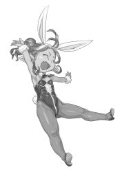 1girl animal_ears breasts closed_eyes dark-skinned_female dark_skin fake_animal_ears fang fif_(granblue_fantasy) full_body granblue_fantasy greyscale harvin highres jumping leotard monochrome open_mouth pantyhose playboy_bunny ponytail rabbit_ears small_breasts smile solo transparent_background yggsil