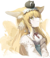 Rule 34 | 1girl, animal ears, ankoro mochi, arknights, black cat, blonde hair, blue hairband, blue skirt, cardigan, cat, closed mouth, colored tips, creature on head, crossover, fox ears, fox girl, fox tail, frilled hairband, frills, green eyes, hairband, heixiu, highres, kitsune, kyuubi, long hair, long sleeves, luo xiaohei zhanji, multicolored hair, multiple tails, neck ribbon, official alternate costume, open cardigan, open clothes, red ribbon, ribbon, shirt, simple background, skirt, suzuran (arknights), suzuran (spring praise) (arknights), tail, two-tone hair, white background, white cardigan, white hair, white shirt