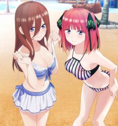 2girls absurdres anime_screenshot bare_shoulders bikini bikini_pull bikini_skirt blue_eyes blush breasts brown_hair butterfly_hair_ornament cleavage closed_mouth clothes_pull collarbone dot_nose female_focus floral_print frilled_bikini frills go-toubun_no_hanayome hair_between_eyes hair_ornament hair_over_one_eye hand_on_own_hip highres large_breasts legs long_sleeves looking_at_viewer midriff miniskirt multicolored_bikini multiple_girls nakano_miku nakano_nino navel off-shoulder_bikini off_shoulder open_clothes purple_bikini red_hair short_hair siblings sisters skirt sleeveless stitched stomach striped_bikini striped_clothes swimsuit swimsuit_skirt thighs third-party_edit twintails untied_bikini white_bikini white_skirt