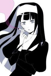 1girl :o blunt_bangs blunt_ends cigarette commentary_request futsuu_no_keion-bu highres holding holding_cigarette iiyatusuki ito_(futsuu_no_keion-bu) limited_palette long_hair nun parted_lips simple_background smoke smoking solo traditional_nun upper_body veil white_background