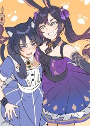 Rule 34 | 1boy, 1girl, alternate costume, animal ear fluff, animal ears, aqua eyes, arm around shoulder, arm over shoulder, assertive female, black collar, black gloves, black hair, black nails, black necktie, blunt bangs, blunt ends, blush, bow, breast press, breasts, brooch, cat boy, cat ears, cat tail, cheek-to-breast, choppy bangs, collar, collarbone, commission, crossdressing, crossdressing (mtf), dress, elbow gloves, eyeliner, eyeshadow, formal clothes, frilled dress, frills, genshin impact, gloves, gradient hair, grin, hair between eyes, hair bow, hetero, highres, jewelry, long hair, looking at another, makeup, medium breasts, mona (genshin impact), multicolored hair, necktie, open hand, open mouth, orange background, parted bangs, paw print, paw print background, ponytail holder, purple bow, purple dress, purple eyes, purple hair, purple sleeves, rabbit ears, rabbit girl, red eyeliner, red eyeshadow, rende2vou3, scaramouche (genshin impact), second-party source, short necktie, short sleeves, smile, star (symbol), star print, tail, teeth, tsurime, twintails, upper teeth only