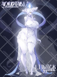 1girl bare_shoulders barefoot breasts cleavage colored_skin creatures_(company) curvy dress female_focus fire full_body game_freak gen_5_pokemon hair_over_one_eye highres huge_breasts lips litwick long_hair looking_at_viewer nail_polish nintendo off-shoulder_dress off_shoulder parted_lips personification pokemon solo thick_thighs thighs toenail_polish toenails tundromaiden white_hair white_skin wide_hips yellow_eyes