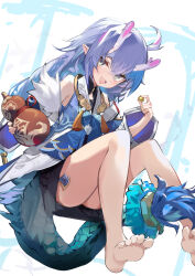 1girl absurdres ahoge bailu_(honkai:_star_rail) bare_legs barefoot blush braid chinese_clothes detached_sleeves dragon_girl dragon_horns dragon_tail eastern_dragon_horns eastern_dragon_tail gourd green_eyes highres holding holding_gourd honkai:_star_rail honkai_(series) horns long_hair long_sleeves looking_at_viewer open_mouth paheide_guang pointy_ears purple_hair smile tail