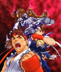 Rule 34 | 2girls, 4boys, arm blade, bald, blue sailor collar, bodysuit, brown hair, capcom, dark skin, dhalsim, doctrine dark, earrings, edaki shin&#039;ya, flying kick, glowing, glowing eyes, headband, hokuto (arika), jewelry, kasugano sakura, kicking, md5 mismatch, multiple boys, multiple girls, necklace, official art, ryu (street fighter), sailor collar, school uniform, serafuku, skull, skull necklace, skullomania, street fighter, street fighter ex (series), weapon
