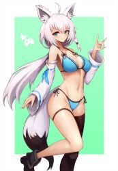 1girl ahoge animal_ear_fluff animal_ears bikini black_footwear blue_bikini braid breasts brown_thighhighs cleavage closed_mouth collarbone commentary detached_sleeves fox_ears fox_girl fox_shadow_puppet fox_tail green_background green_eyes groin hair_between_eyes hand_up highres hololive hololive_gamers large_breasts long_hair long_sleeves looking_at_viewer low_ponytail navel notte ponytail ribbon-trimmed_sleeves ribbon_trim shiny_skin shirakami_fubuki side-tie_bikini_bottom side_braid sidelocks single_braid single_thighhigh smile solo standing standing_on_one_leg stomach string_bikini swimsuit tail thigh_strap thighhighs very_long_hair virtual_youtuber white_hair