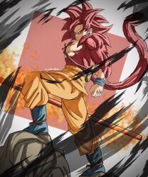 1boy absurdres battle_damage blue_boots body_fur boots dragon_ball dragon_ball_daima electricity full_body goku_day grey_background highres long_hair male_focus monkey_tail muscular muscular_male noir_illust orange_pants pants red_eyes red_fur red_hair red_tail ruyi_jingu_bang simple_background smile solo son_goku spiked_hair super_saiyan super_saiyan_4 tail topless_male torn_clothes torn_pants