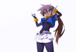 Rule 34 | 1girl, aile (mega man zx), bangle, black bodysuit, blue jacket, bodysuit, bodysuit under clothes, bracelet, breasts, brown hair, covered navel, cropped jacket, green eyes, hairband, jacket, jewelry, kaidou zx, long hair, mega man (series), mega man zx, mega man zx advent, open clothes, open jacket, ponytail, robot ears, shorts, simple background, solo, white shorts