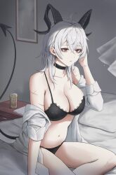 1girl bed black_bra black_choker black_horns black_panties bra breasts can choker collarbone commentary demon_tail drink_can duplicate english_commentary highres horns large_breasts mole mole_on_breast mole_under_eye nightstand on_bed panties pillow rayn3 red_eyes scar scar_on_arm shirt sitting solo tail underwear white_hair white_shirt wuthering_waves zani_(wuthering_waves)