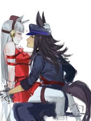 Rule 34 | 2girls, animal ears, armband, bare shoulders, black hair, blue hat, blue jacket, blue pants, blunt bangs, breasts, closed mouth, ear covers, ears through headwear, eye contact, face-to-face, fenomeno (umamusume), flipped hair, from side, gloves, gold ship (umamusume), grey hair, hand on another&#039;s head, hashtag-only commentary, hat, heart, highres, horse ears, horse girl, horse tail, jacket, long hair, looking at another, medium breasts, multiple girls, pants, peaked cap, pillbox hat, profile, red jacket, simple background, sitting, sitting on lap, sitting on person, smile, straddling, tail, toi yeu gai ngua, umamusume, upright straddle, white background, white pants, yuri