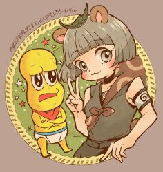 Rule 34 | 1girl, animal ears, arm cuffs, bald, bandana, bandana around neck, briefs, colored skin, fishnet top, fishnets, grey eyes, grey hair, leaf, leaf on head, male underwear, mode aim, morinaga ayami, peanuts-kun, ponpoko (vtuber), raccoon ears, raccoon girl, red bandana, underwear, v, white male underwear, yellow skin