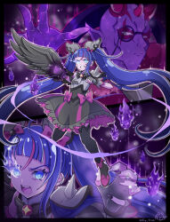 1boy 1girl armor black_border black_footwear black_nails black_thighhighs black_wings blue_eyes blue_hair border bow colored_skin commentary crack cure_sky cure_sky_(dark) dark_persona detached_sleeves earrings fingerless_gloves fire flaming_eye frilled_skirt frills gloves glowing glowing_eyes grey_gloves hair_ornament highres hirogaru_sky!_precure horns jewelry long_hair magical_girl monocle multicolored_hair nail_polish open_mouth pauldrons pink_bow precure purple_fire purple_skin satowa_(circuit) short_sleeves shoulder_armor signature single_pauldron skearhead skirt sora_harewataru spiked_pauldrons streaked_hair thighhighs twintails twitter_username wing_hair_ornament wings