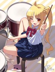 1girl ahoge barefoot blue_skirt bocchi_the_rock! drum drum_set drumsticks holding holding_drumsticks ijichi_nijika instrument l4st_resort looking_at_viewer neck_ribbon one_eye_closed open_mouth pleated_skirt red_eyes red_ribbon ribbon shirt sitting skirt solo white_shirt