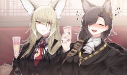 Rule 34 | 2girls, absurdres, animal ears, arknights, brown hair, closed eyes, commentary, cup, dated commentary, drinking glass, drunk, english commentary, fox ears, fox girl, highres, holding, holding cup, multiple girls, necktie, penance (arknights), samip, shirt, squeans, vulpisfoglia (arknights), white shirt, wolf ears, wolf girl