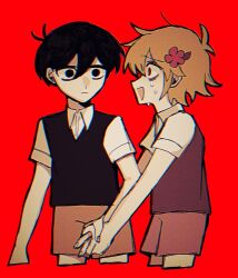 Rule 34 | 2boys, antenna hair, basil (faraway) (omori), basil (omori), black eyes, black hair, black sweater vest, blonde hair, brown shorts, collared shirt, crying, crying with eyes open, flower, green sweater vest, hair flower, hair ornament, hand grab, highres, looking at another, male focus, multiple boys, nervous smile, omori, open mouth, red background, red eyes, shirt, short hair, short sleeves, shorts, simple background, smile, sunny (omori), sweater vest, tears, u donburi, white shirt