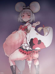 1girl absurdres anchors_(mono_eye_os) animal_ears anus ass giving_birth blush breasts censored cum dark_nipples granblue_fantasy grey_hair highres looking_back nipples pregnant prolapse pussy red_eyes ribbon short_hair skirt socks squatting sweat tears vikala_(granblue_fantasy) white_hair