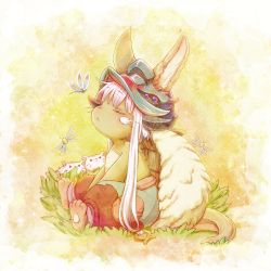 1other absurdres animal_ears arms_between_legs blue_pants brown_background brown_fur bug closed_eyes closed_mouth commentary_request creature from_side full_body furry grey_hair helmet highres made_in_abyss nanachi_(made_in_abyss) neritantan nina_(maurururoa) other_focus pants puffy_pants red_pants short_hair_with_long_locks sidelocks sitting solo tail topless_other two-tone_pants v_arms whiskers