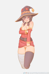 1girl arm_under_breasts artist_name asymmetrical_legwear bandaged_leg bandages bare_shoulders bartolomeobari black_collar black_hair black_thighhighs blunt_bangs blush breasts breasts_out cleft_of_venus clothes_lift clothes_pull collar cowboy_shot cropped_legs dress dress_lift dress_pull embarrassed female_focus grey_background hat highres kono_subarashii_sekai_ni_shukufuku_wo! long_sleeves looking_at_viewer medium_hair megumin nipples off_shoulder pussy red_eyes short_dress sidelocks simple_background small_breasts solo thighhighs twitter_logo uncensored wavy_mouth white_background white_thighhighs wizard_hat