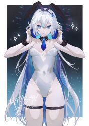 Rule 34 | belt, blue eyes, blue necktie, border, breasts, cleavage, colored inner hair, flower, gift art, hair flower, hair ornament, halo, halo behind head, happy birthday, headphones, headphones around neck, highres, holding, holding headphones, jellyfish cut, leotard, looking at viewer, multicolored hair, necktie, original, outside border, thigh belt, thigh strap, white border, white leotard, wrist cuffs, yoimon