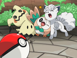 Rule 34 | :d, ;d, @ @, ^ ^, absurdres, alolan form, alolan vulpix, bird, bush, closed eyes, commentary, creature, english commentary, full body, gen 7 pokemon, harlequinwaffles, highres, leaning on person, leg up, looking at viewer, mimikyu, nintendo, no humans, one eye closed, open mouth, owl, poke ball, poke ball (basic), pokemon, pokemon (creature), pokemon focus, rowlet, signature, smile, standing, star (symbol), |d