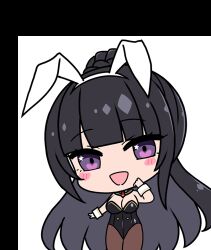 1girl :d animal_ear_hairband animal_ears arm_at_side arm_up black_hair black_leotard black_pantyhose blush breasts chibi chibi_only chichizaki_momina cleavage covered_navel deformed derauea detached_collar fake_animal_ears game_cg hairband high_ponytail highleg large_breasts leg_up leotard long_hair looking_at_viewer motto!_haramase!_honoo_no_oppai_isekai_oppai_bunny_gakuen! necktie non-web_source official_art open_mouth pantyhose playboy_bunny ponytail ponytail_with_braided_base purple_eyes rabbit_ear_hairband rabbit_ears red_necktie shoes smile solo star_(symbol) star_in_eye strapless strapless_leotard symbol_in_eye transparent_background very_long_hair white_hairband white_wrist_cuffs wrist_cuffs