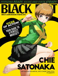 1girl bare_legs barefoot bike_shorts black_shorts breasts brown_eyes brown_hair character_name commentary cover davoxime english_commentary fake_magazine_cover feet fighting_stance green_jacket grey_skirt highres jacket legs long_sleeves magazine_cover medium_breasts parted_lips persona persona_4 pleated_skirt print_skirt satonaka_chie school_uniform short_hair shorts skirt solo standing standing_on_one_leg toenails toes track_jacket yasogami_school_uniform yellow_background zipper